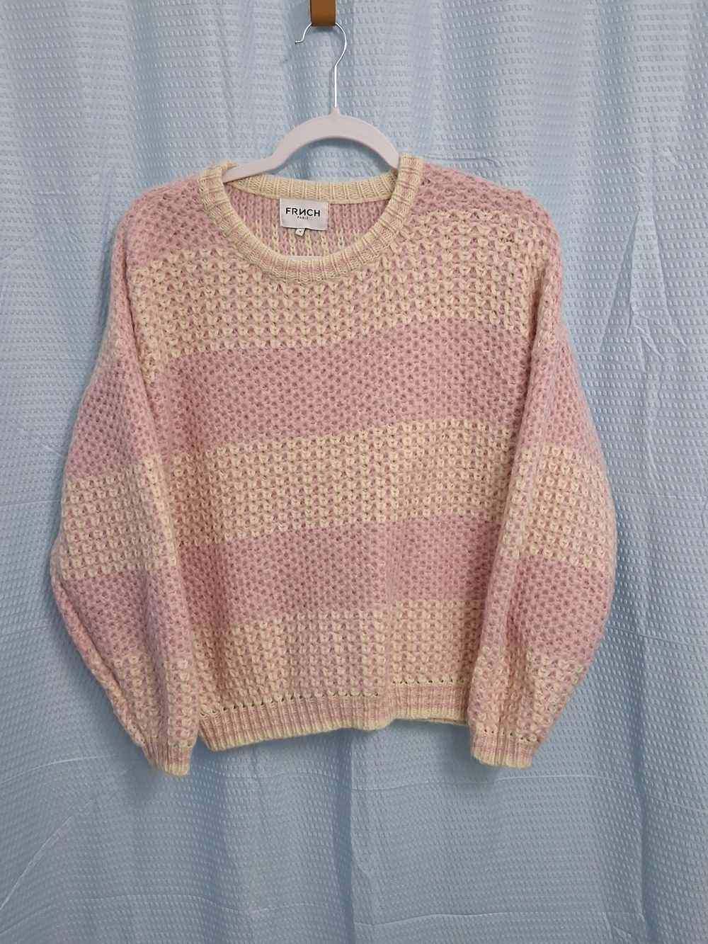 FRNCH Paris Pink & Cream Striped Waffle Knit Crewneck Sweater